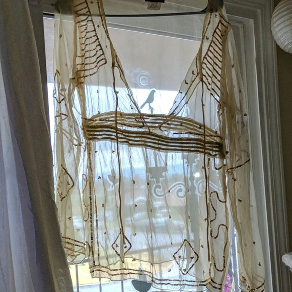 Boho Sheer gold silk embellished long sleeve top - Picture 8 of 10